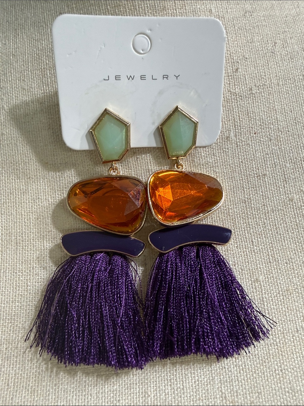 Purple Tassel Earrings with Amber and Mint Color Gems